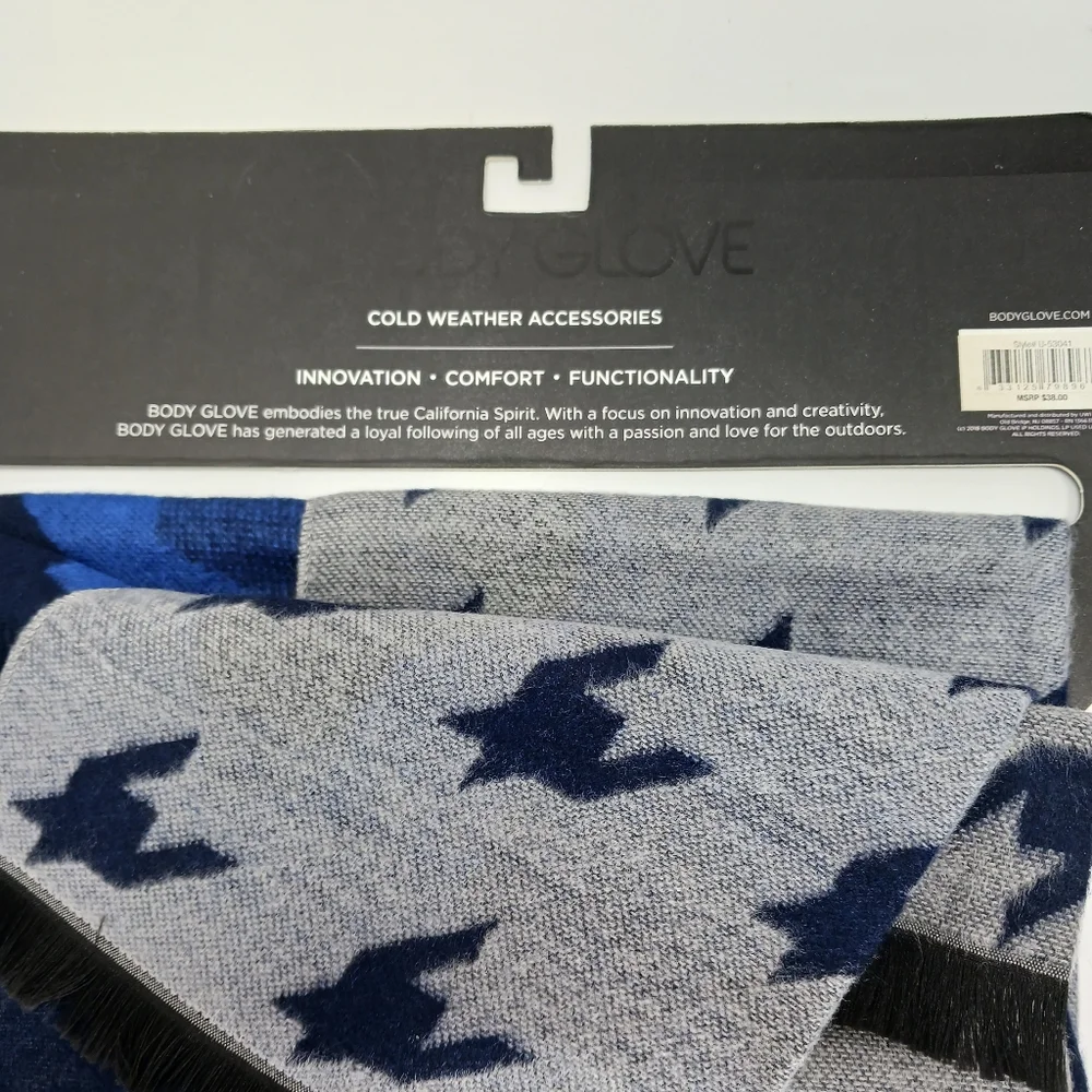BODY GLOVE Midweight Soft Reversible Blue & Grey Houndstooth & Camouflage Scarf
